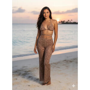 Sports Illustrated Brown 2Piece Halter Top Flared Pants OS